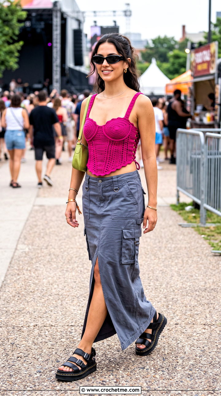 Crochet Corset Top With Cargo Maxi Skirt - 35 crochet tops for summer outfit ideas
