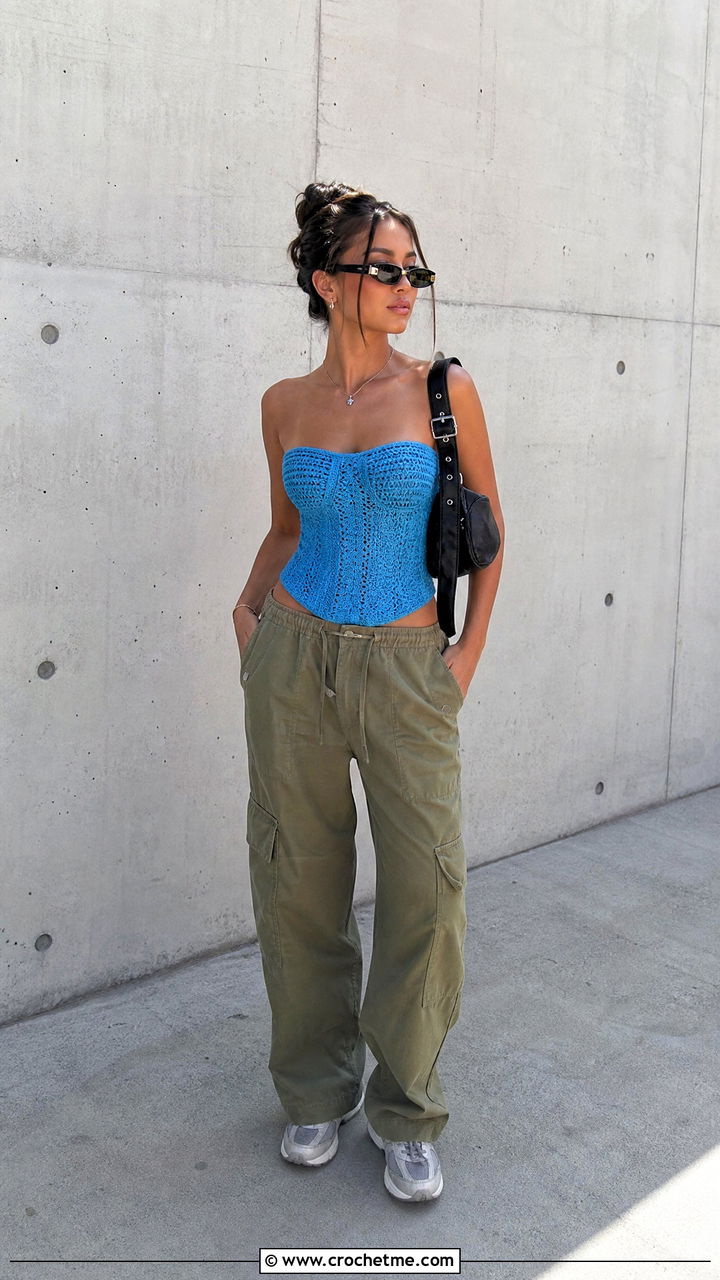 Crochet Corset Top With Cargo Pants - 35 crochet top ideas