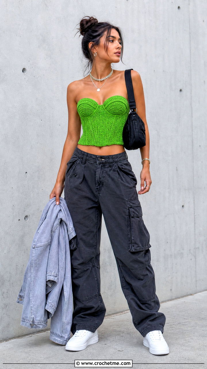 Crochet Corset Top With Cargo Pants - 35 crocheted tops outfit ideas