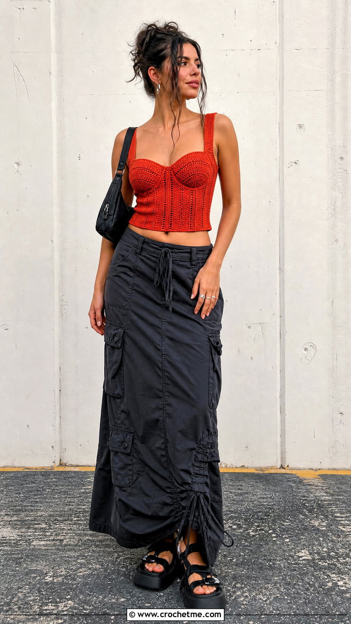 Crochet Corset Top With Charcoal Cargo Skirt - 35 crochet summer tops for women outfit ideas
