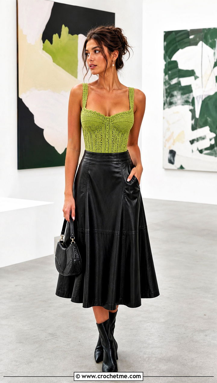 Crochet Corset Top With Faux Leather Midi Skirt - 35 Kawaii Crochet Clothes and outfit ideas