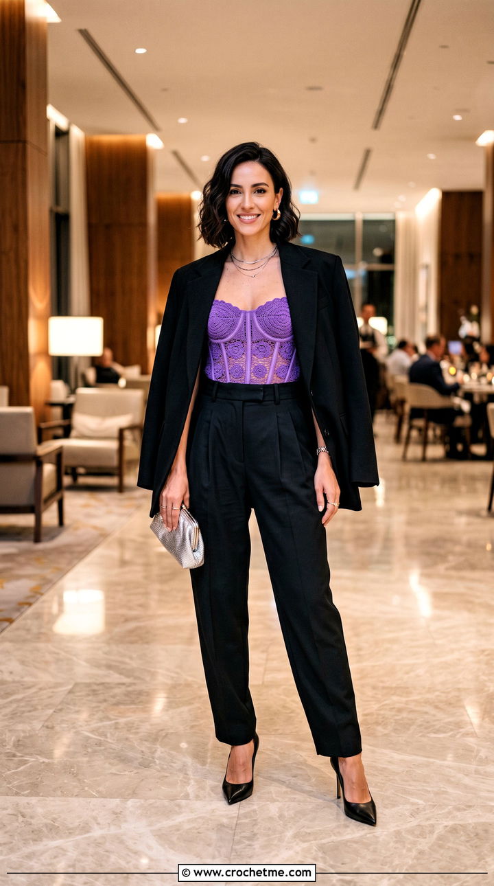 Crochet Corset Top With Oversized Blazer - 35 knitted crochet top outfit ideas