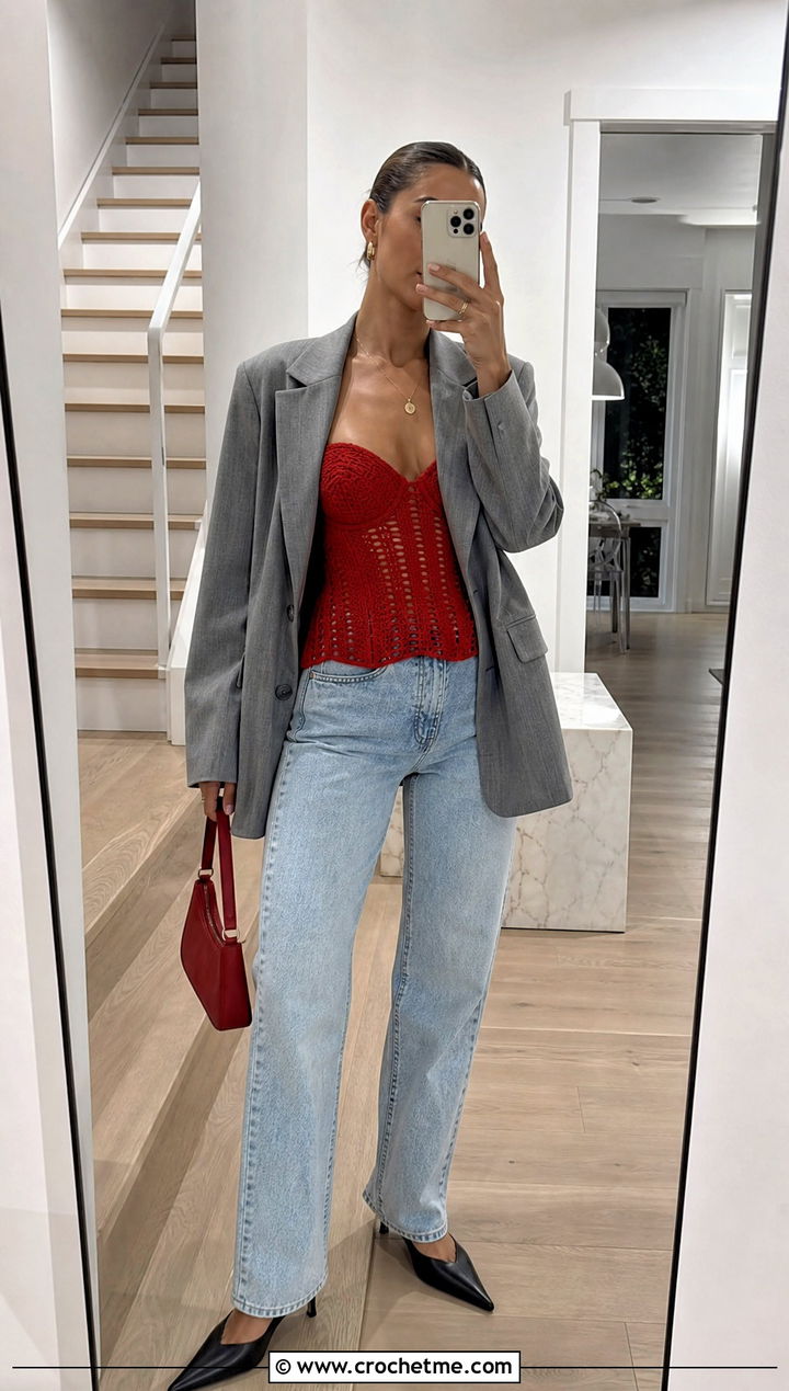 Crochet Corset Top With Oversized Blazer And Jeans - 25 Spring Crochet Tops outfit ideas