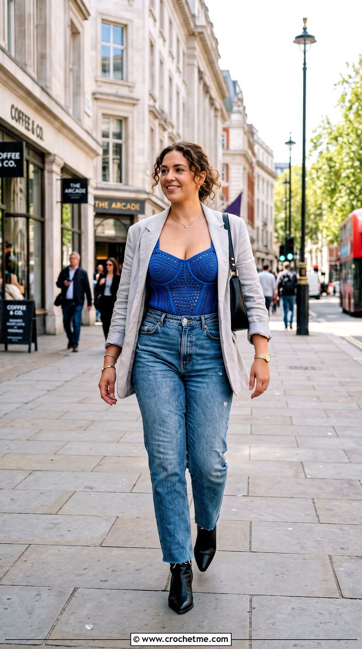 Crochet Corset Top With Oversized Blazer And Jeans - 15 crochet top for big bust outfit ideas