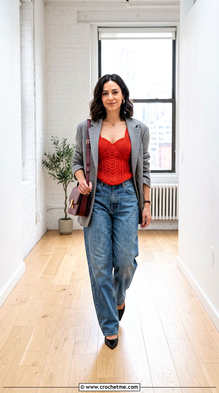 Crochet Corset Top With Oversized Blazer And Jeans - 15 crochet top on wooden floor outfit ideas