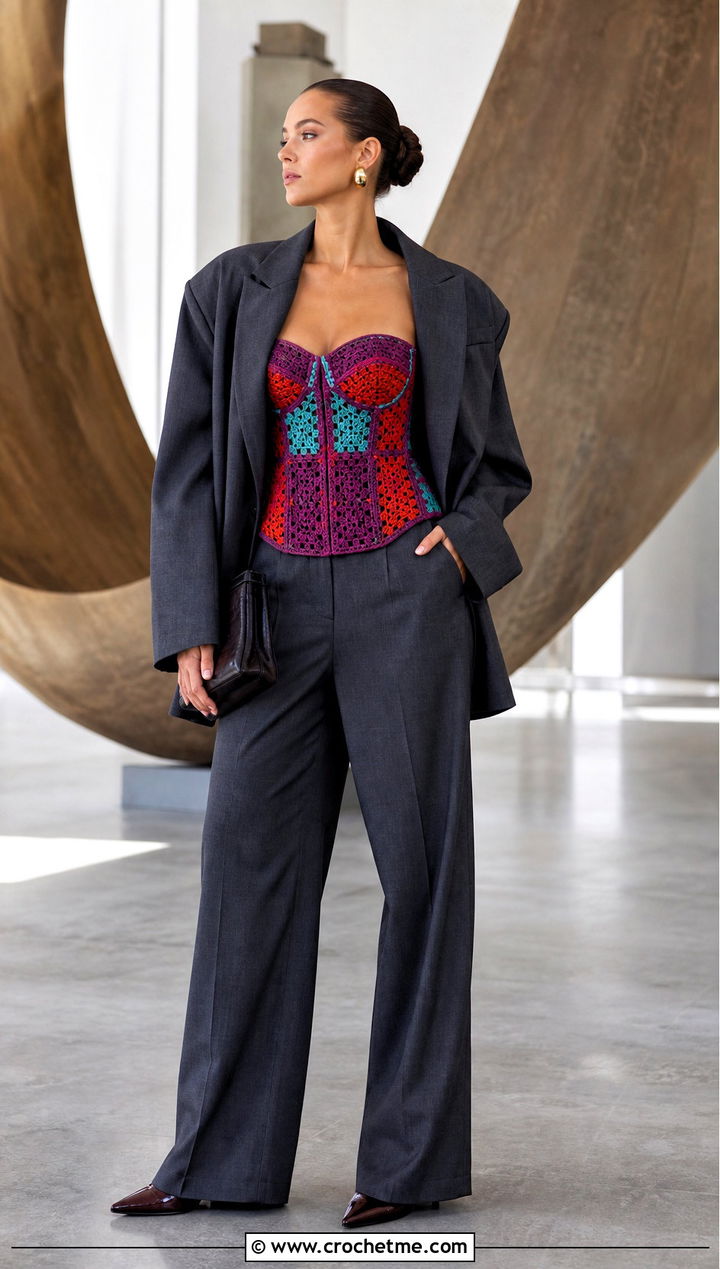 Crochet Corset Top With Oversized Suit - 30 multi color crochet top outfit ideas