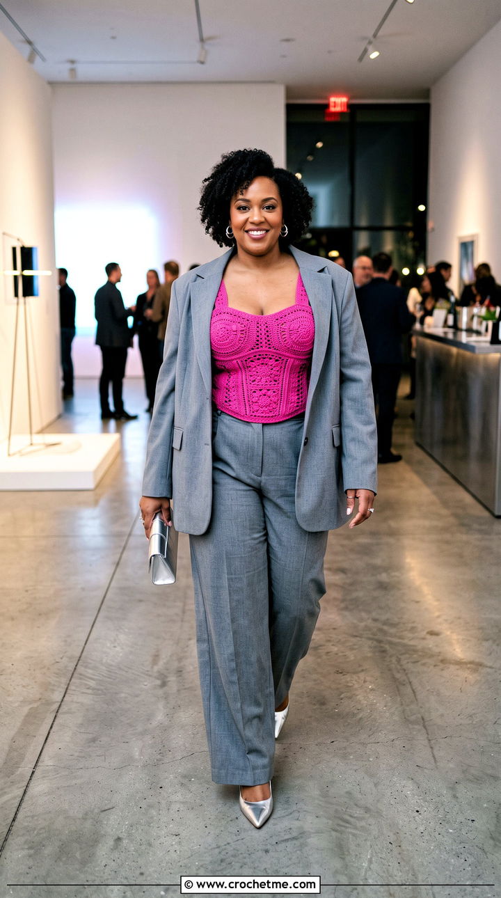 Crochet Corset Top With Oversized Suit - 25 crochet top for plus size women outfit ideas