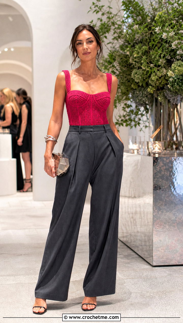 Crochet Corset Top With Oversized Suit Pants - 20 Crochet Top Outfit Summer Aesthetic outfit ideas