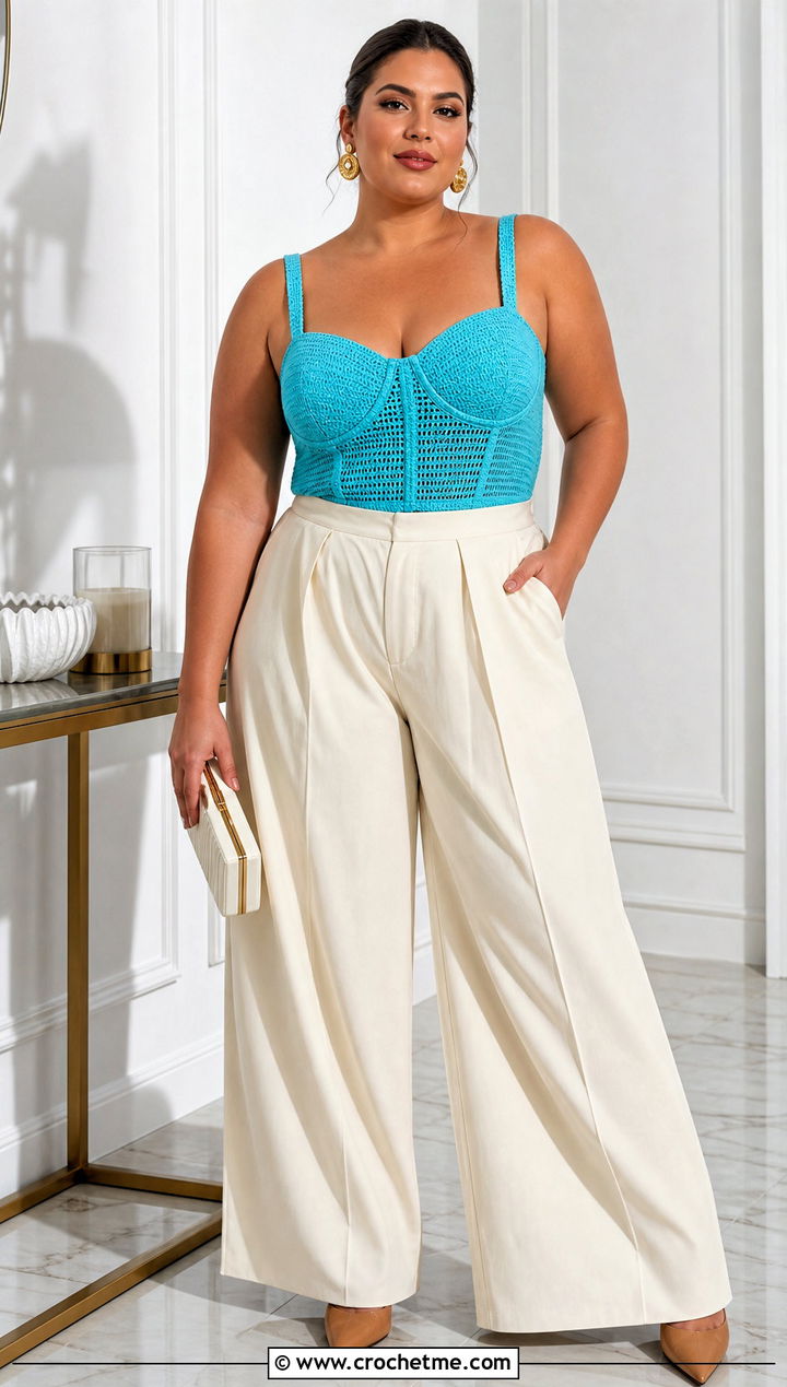Crochet Corset Top With Pleated Trousers - 35 plus size crochet top outfit ideas