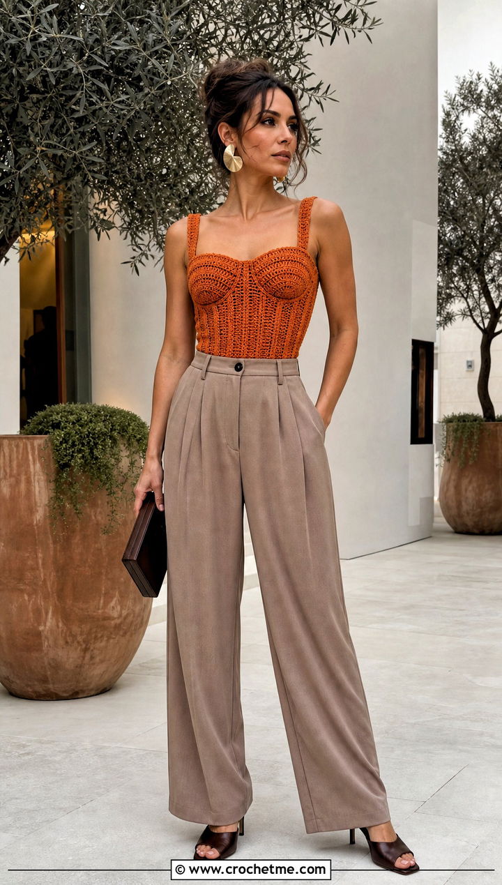 Crochet Corset Top With Relaxed Trousers - 35 cute crochet tops summer outfits ideas