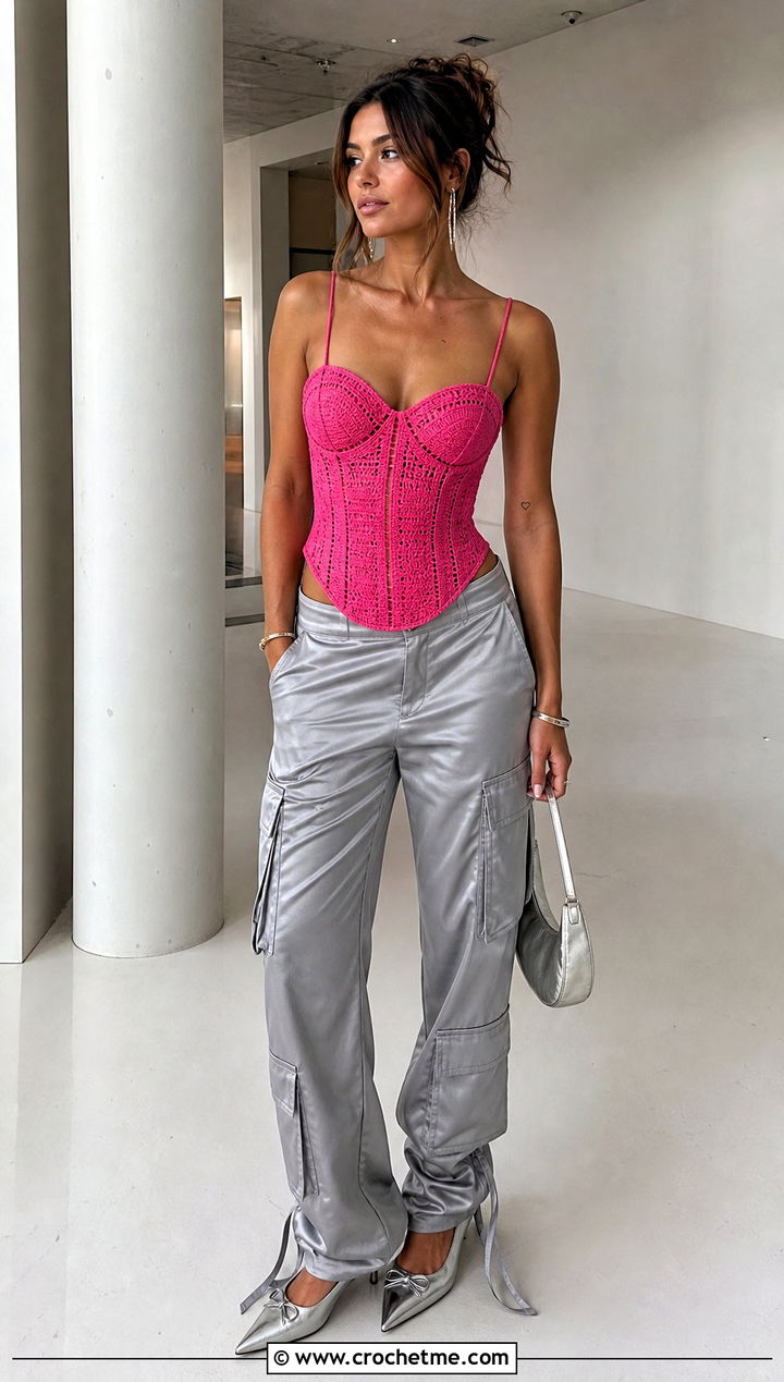 Crochet Corset Top With Satin Cargo Pants - 20 Crochet Top Y2K Outfit ideas