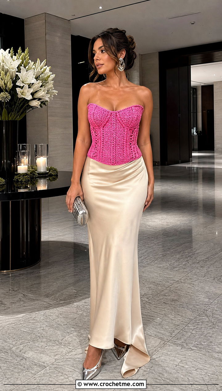 Crochet Corset Top With Satin Maxi Skirt - 25 birthday crochet outfit ideas