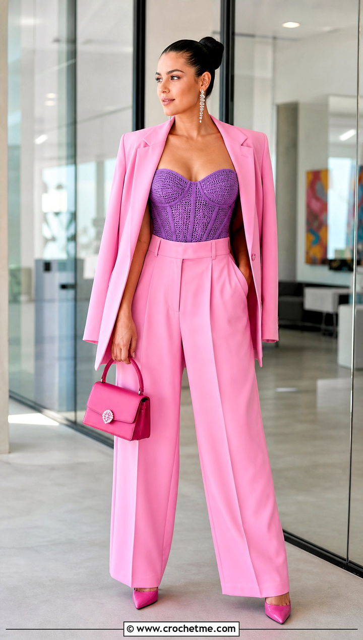 Crochet Corset Top With Tailored Pink Trousers - 15 barbie inspired crochet top outfit ideas