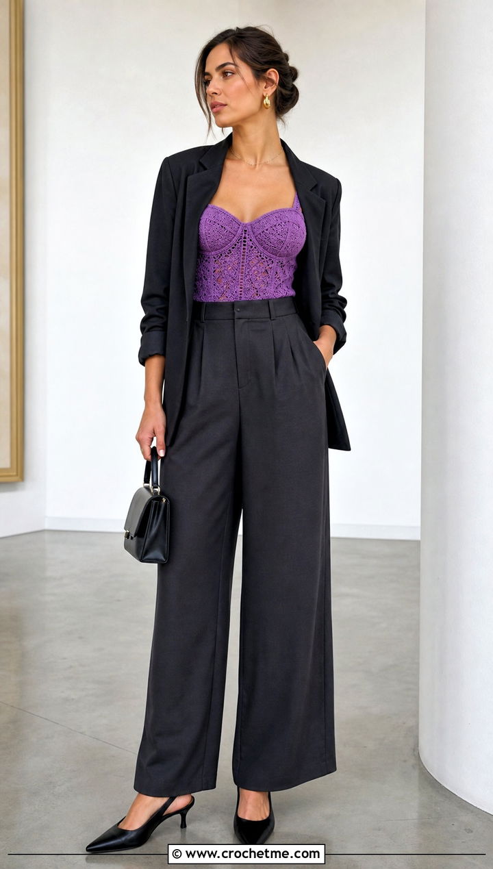 Crochet Corset Top With Tailored Trousers - 25 Y2K Crochet Top outfit ideas