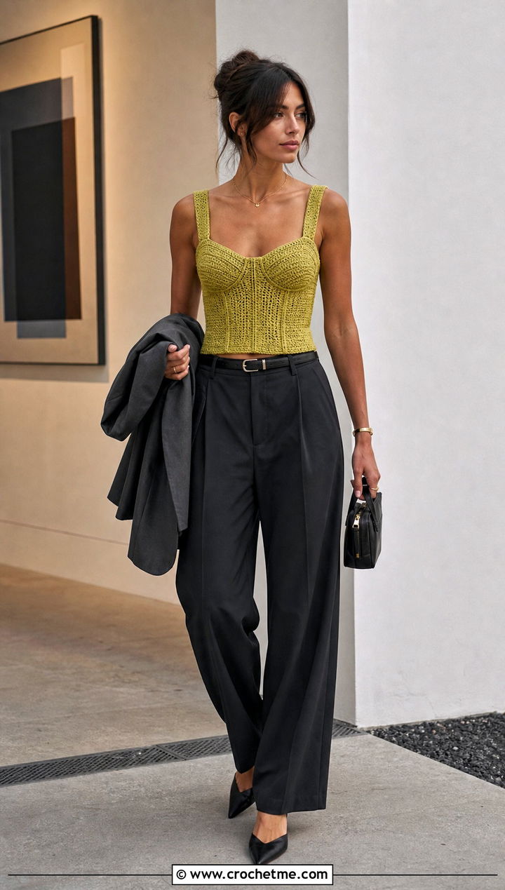 Crochet Corset Top With Tailored Trousers - 35 Cute Summer Crochet Tops outfit ideas