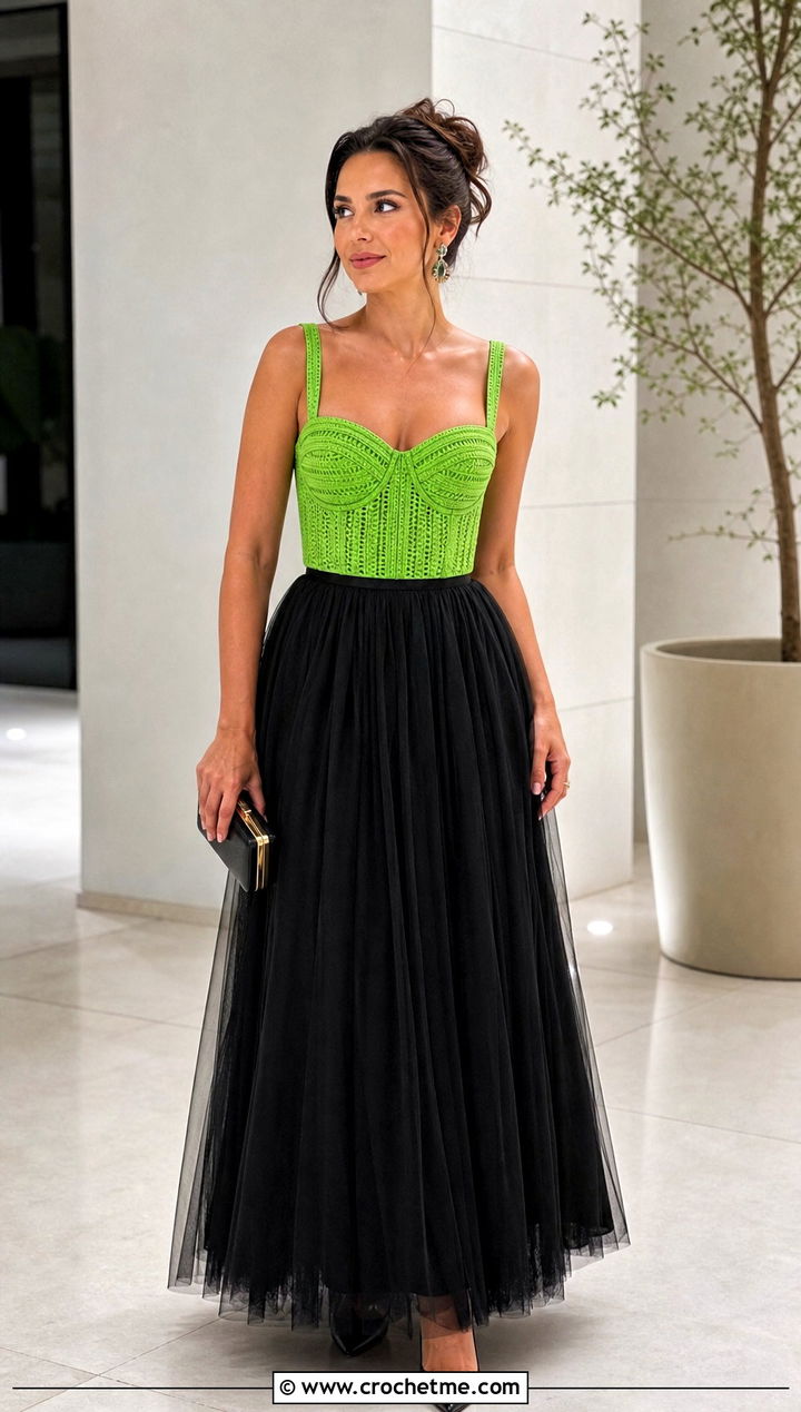 Crochet Corset Top With Tulle Maxi Skirt - 30 crochet top and long skirt outfit ideas