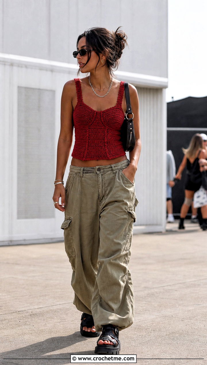 Crochet Corset Top With Utility Pants - 25 cute easy crochet tops outfit ideas