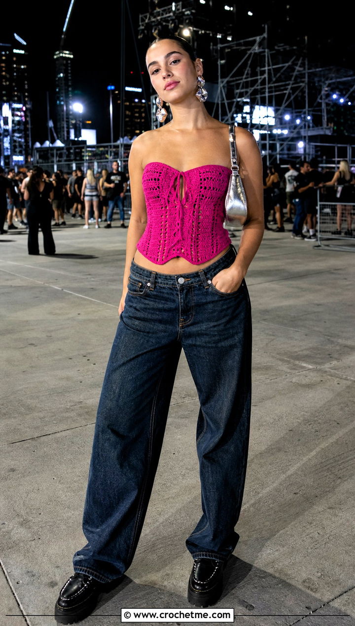 Crochet Corset Top With Wide Leg Jeans - 35 Crochet Top Festival Outfit ideas