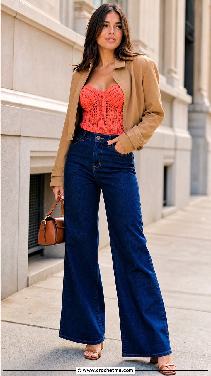 Crochet Corset Top With Wide Leg Jeans - 35 styling crochet tops outfit ideas