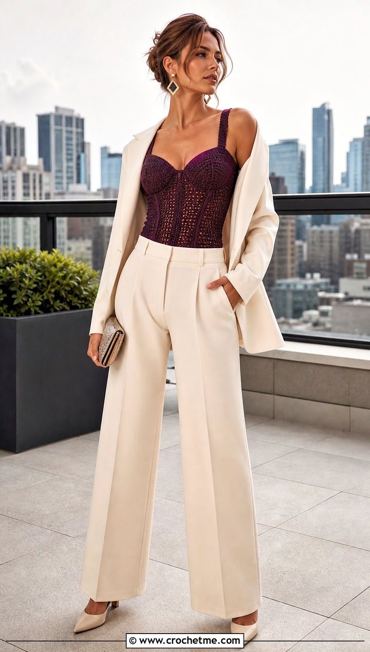 Crochet Corset Top With Wide Leg Suit Pants - 30 unique crochet top outfit ideas