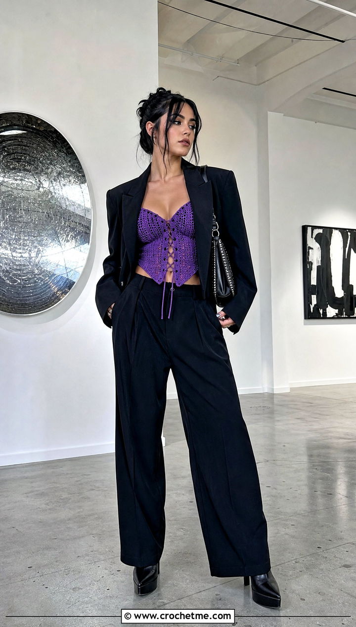Crochet Corset Top With Wide Leg Trousers - 25 emo crochet top outfit ideas