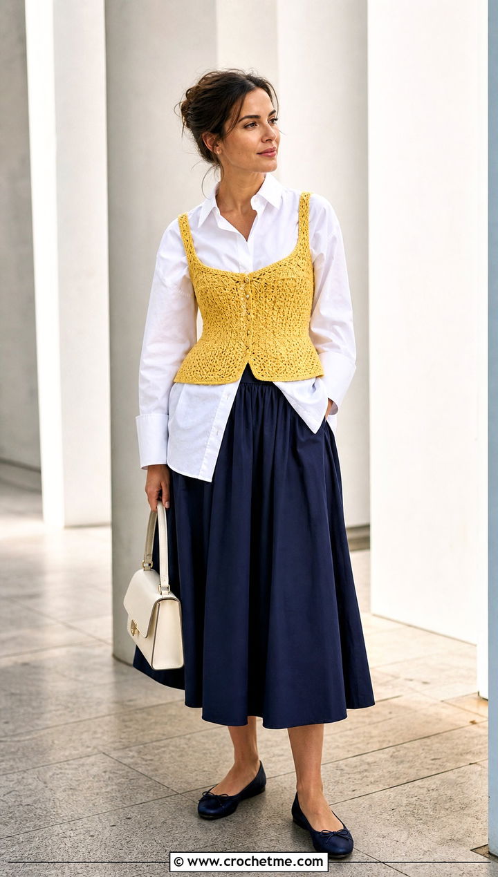 Crochet Corset Vest Top With Oversized Button Down And Full Skirt - 35 crochet layering top outfit ideas