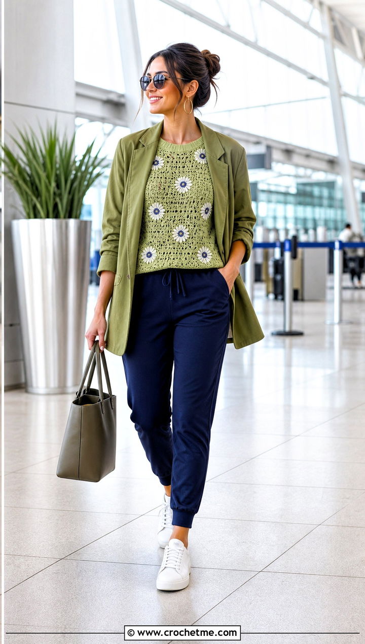 Crochet Cosmos Sweater With Joggers And Blazer - 30 crochet flowers on sweater outfit ideas
