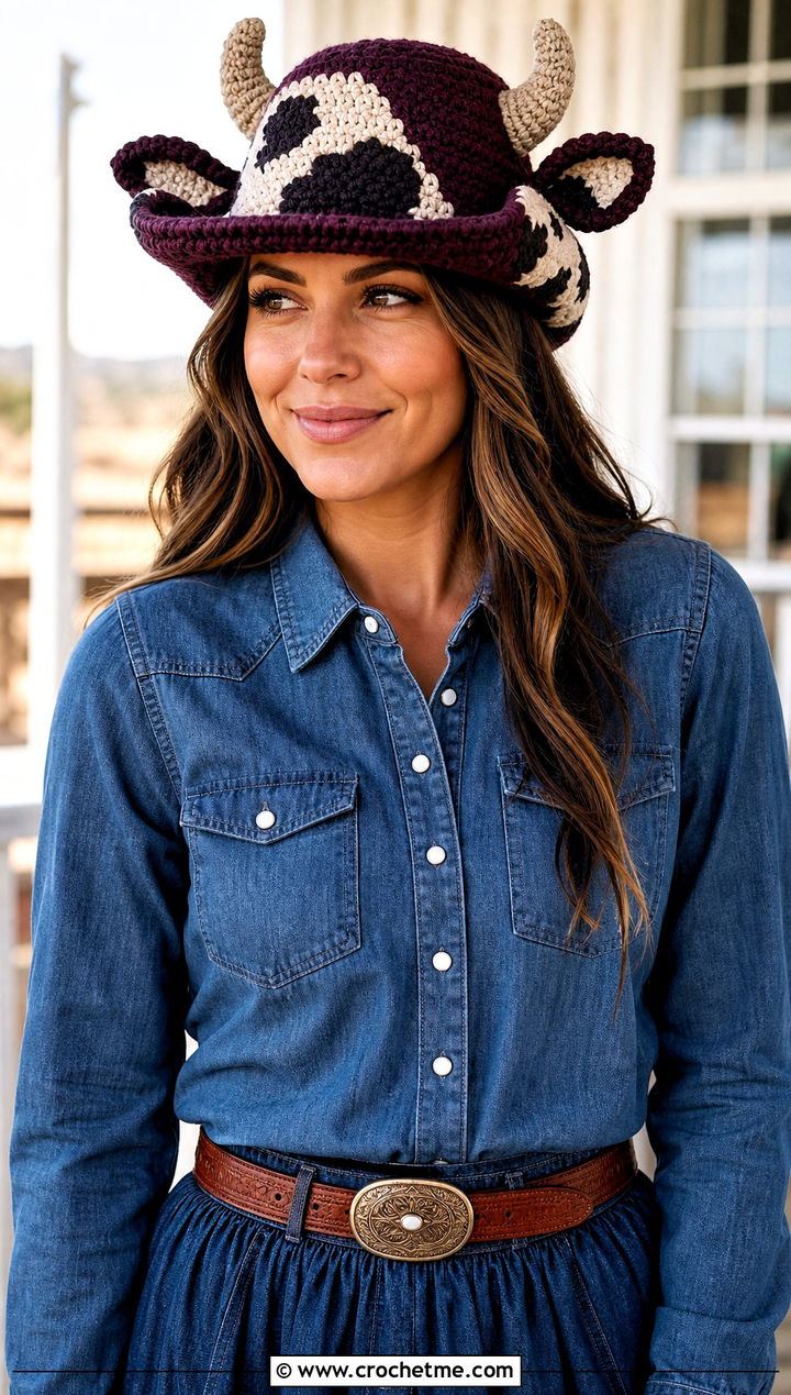 Crochet Cow Hat With Western Shirt And Denim Skirt - 25 Crochet Silly Hats outfit ideas