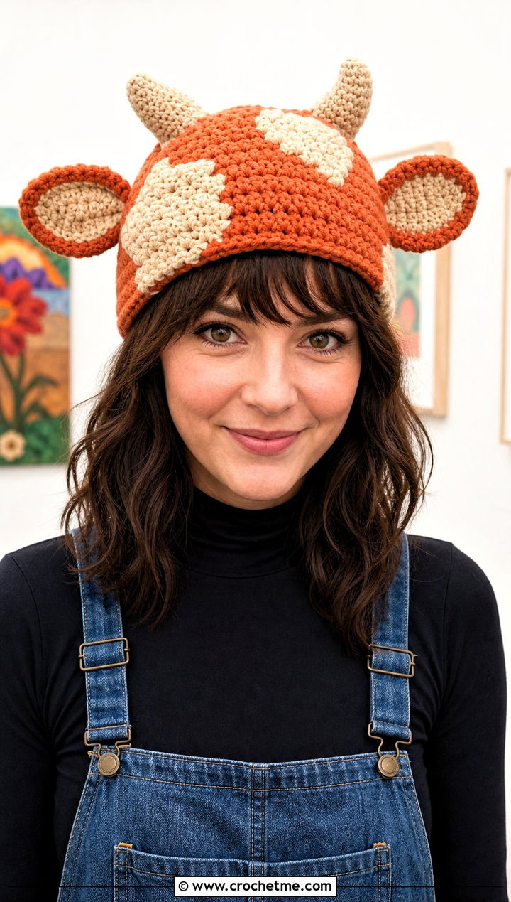 Crochet Cow Horn Hat With Overalls - 20 Crochet Character Hat outfit ideas