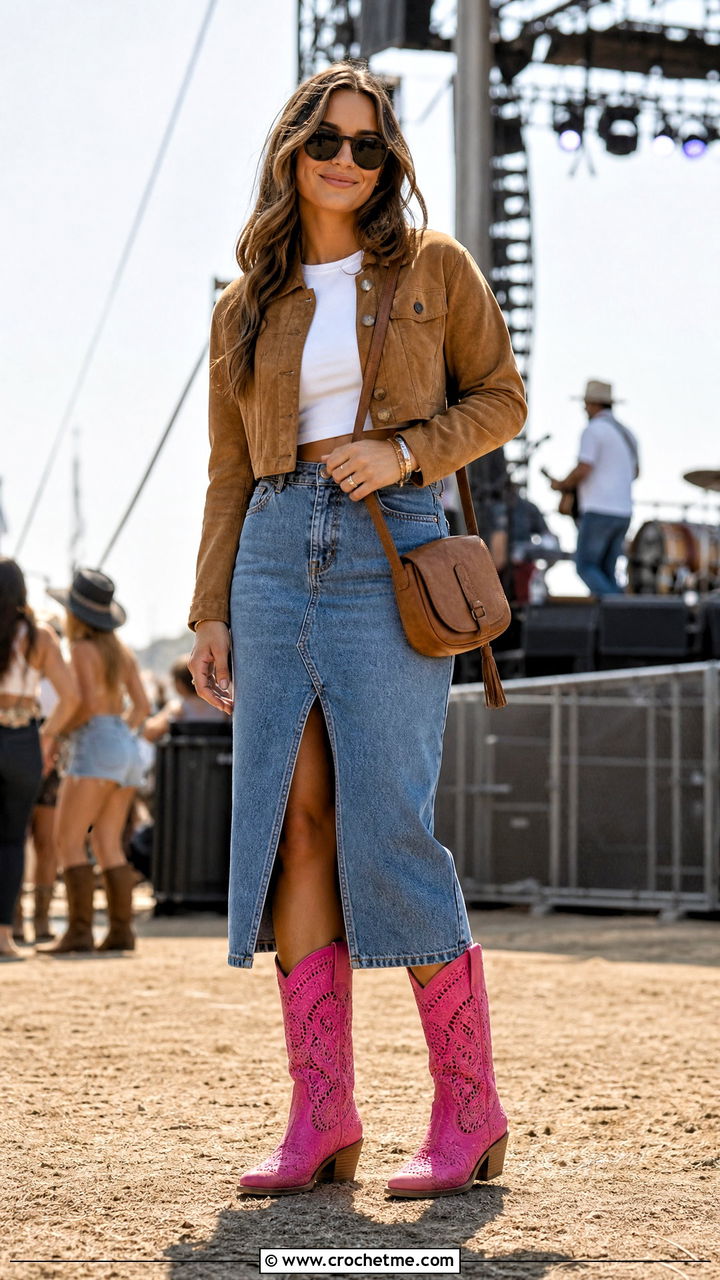 Crochet Cowboy Boots With A Denim Midi Skirt - 35 crochet shoes outfit ideas