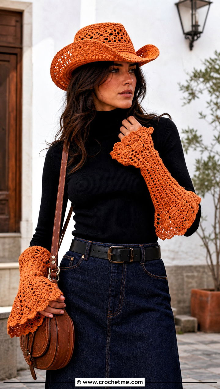 Crochet Cowboy Hat And Gauntlet Gloves With Denim Skirt - 15 Crochet Hat And Gloves outfit ideas