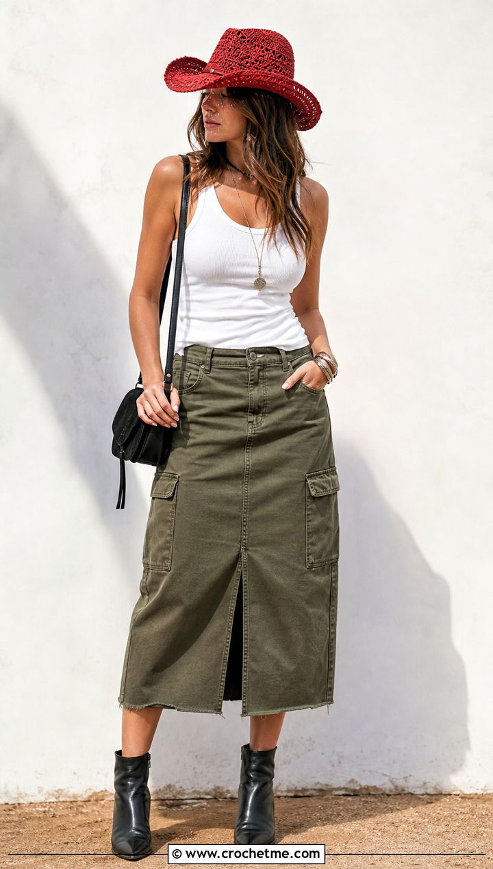 Crochet Cowboy Hat With A Cargo Midi Skirt - 35 simple crochet hat outfit ideas