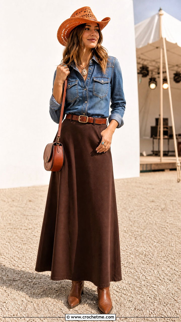Crochet Cowboy Hat With Denim Shirt And Maxi Skirt - 35 crochet hat for women outfit ideas