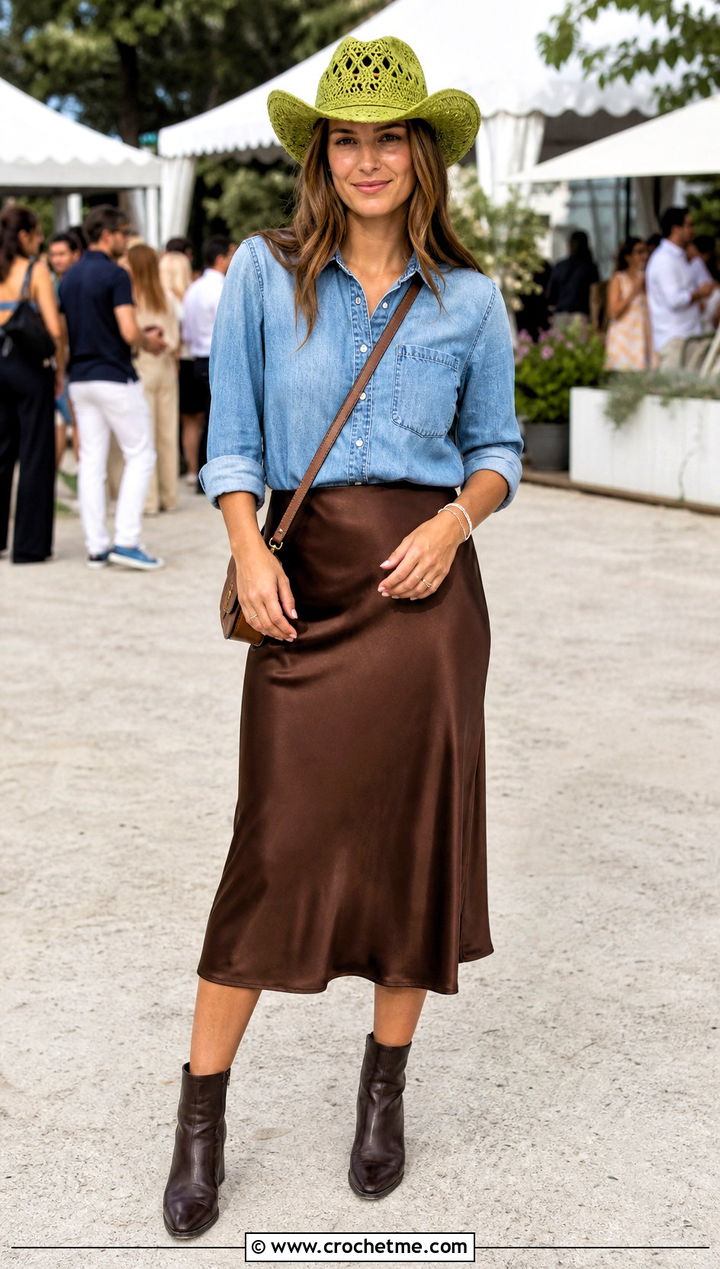 Crochet Cowboy Hat With Denim Shirt And Midi Skirt - 35 quick crochet hat outfit ideas