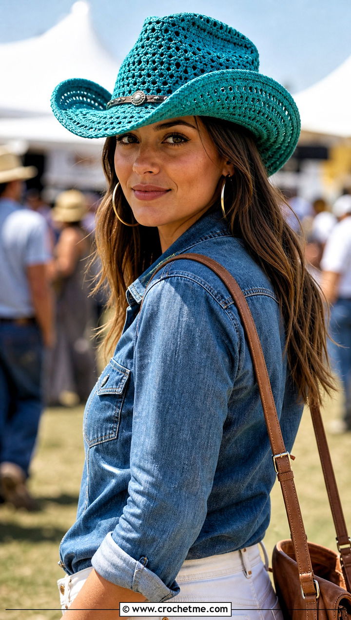 Crochet Cowboy Hat With Denim Shirt And White Jeans - 25 Cool Crochet Hat outfit ideas