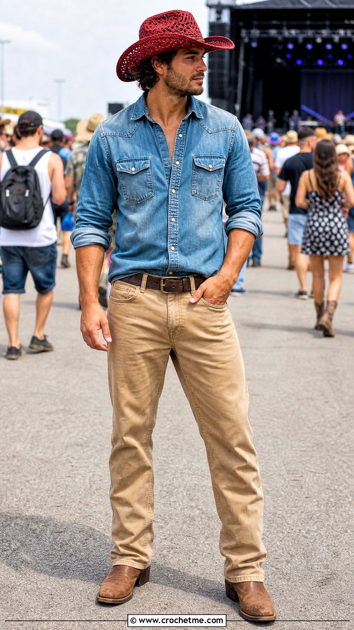 Crochet Cowboy Hat With Denim Shirt And Work Pants - 35 crochet hat men outfit ideas