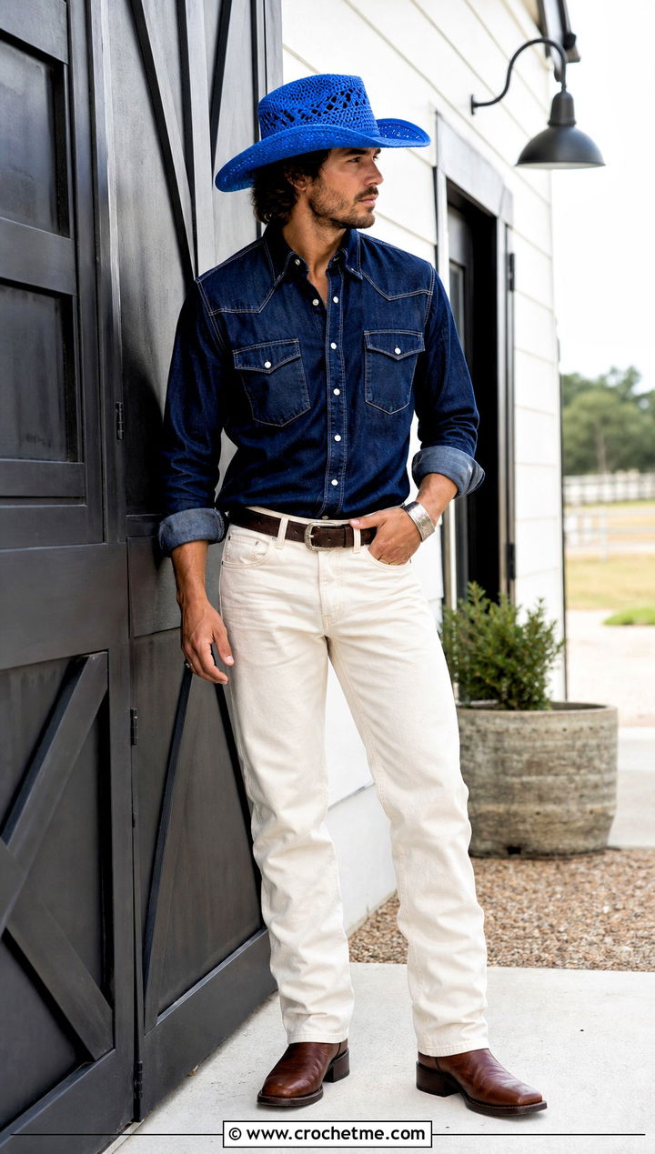 Crochet Cowboy Hat With Western Denim - 35 mens crochet hat outfit ideas