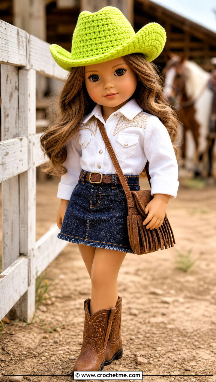 Crochet Cowboy Hat With Western Shirt And Denim Skirt - 35 crochet hat for doll outfit ideas