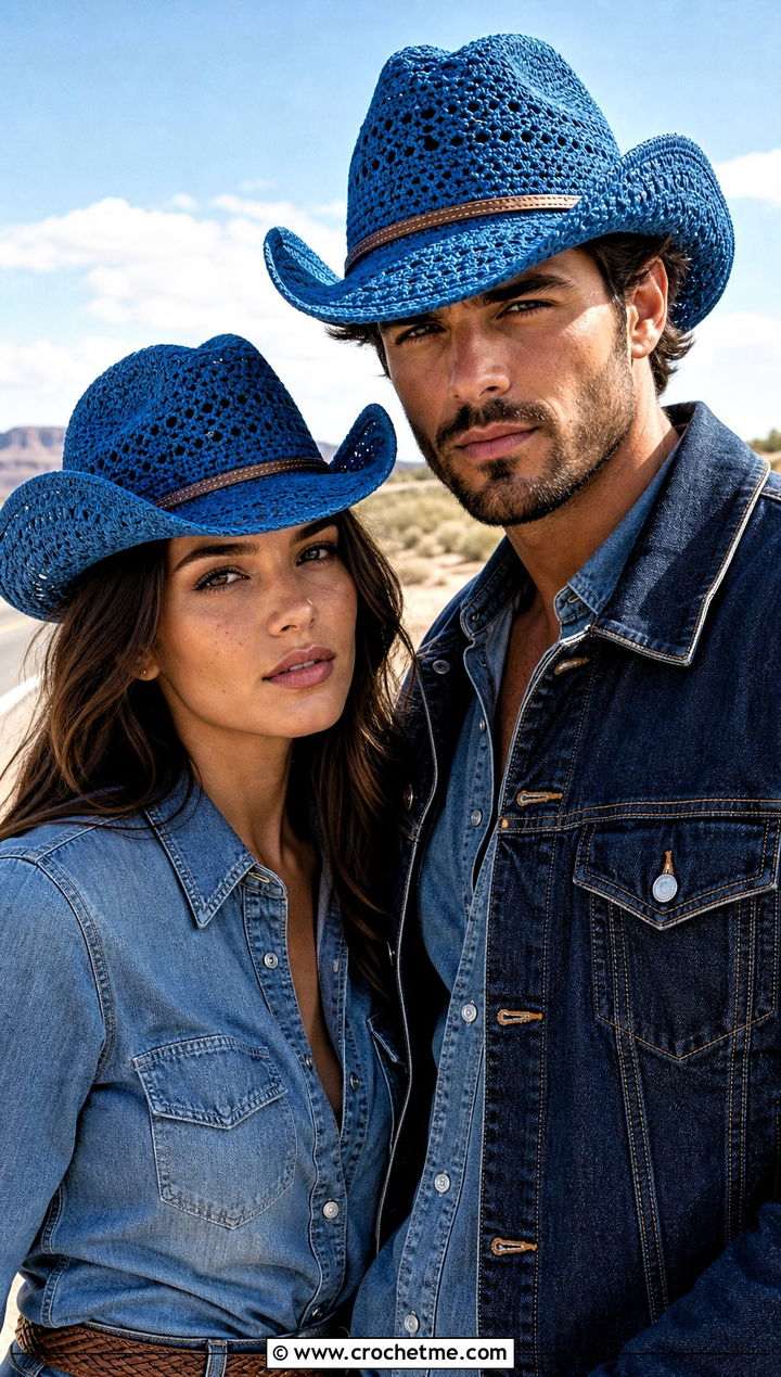 Crochet Cowboy Hats With Double Denim Outfits - 15 Couples Crochet Hats outfit ideas