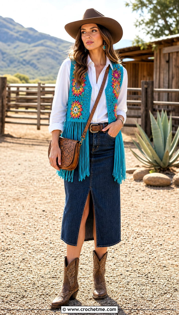 Crochet Cowgirl Vest With Denim Midi Skirt - 35 Crochet Halloween Costume Women outfit ideas