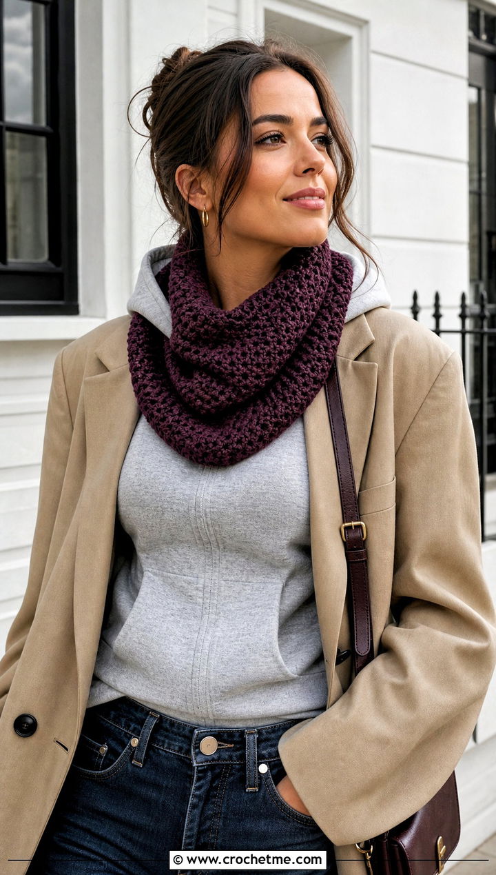 Crochet Cowl Scarf With Blazer And Hoodie - 25 Beautiful Crochet Scarf outfit ideas