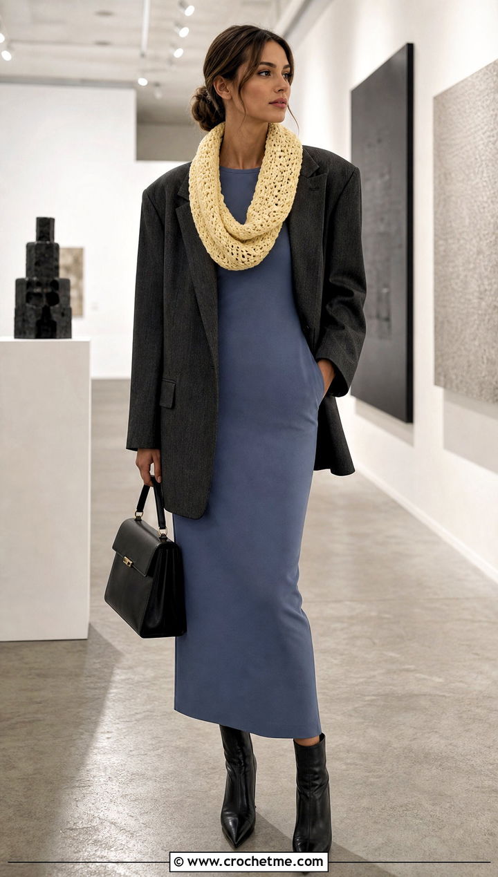 Crochet Cowl Scarf With Blazer And Midi Dress - 35 crochet scarves outfit ideas