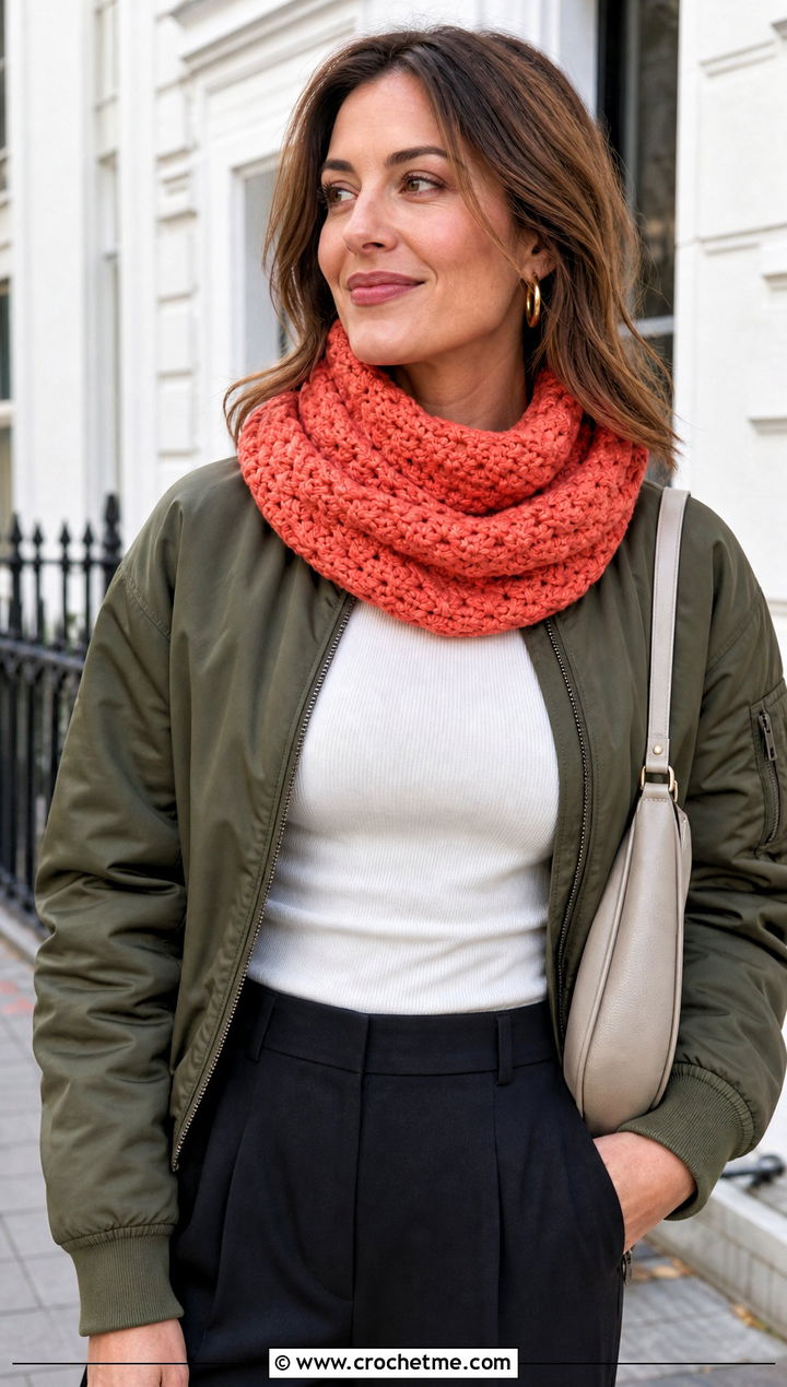 Crochet Cowl Scarf With Bomber Jacket - 30 unique crochet scarf outfit ideas