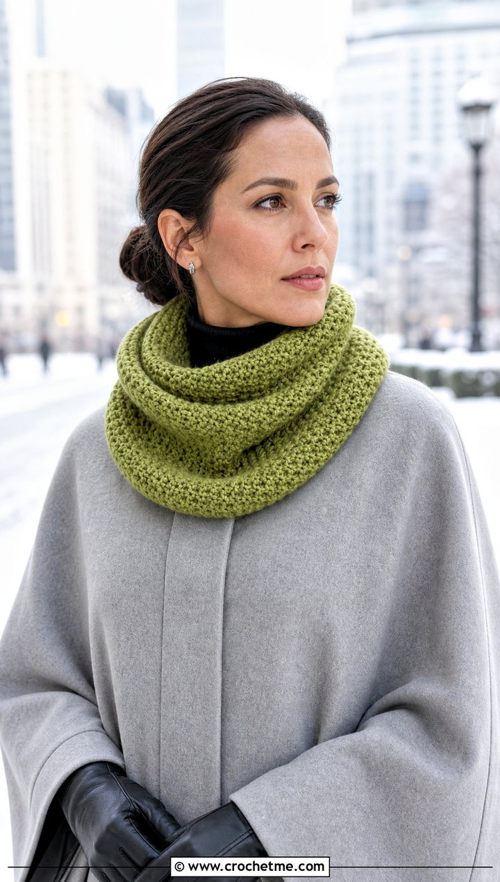 Crochet Cowl Scarf With Cape Coat And Loafers - 15 elegant crochet scarf design outfit ideas