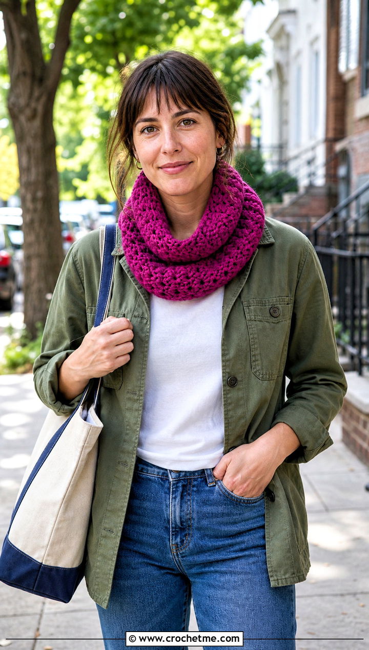 Crochet Cowl Scarf With Chore Jacket And Straight Jeans - 30 easy crochet scarfs outfit ideas