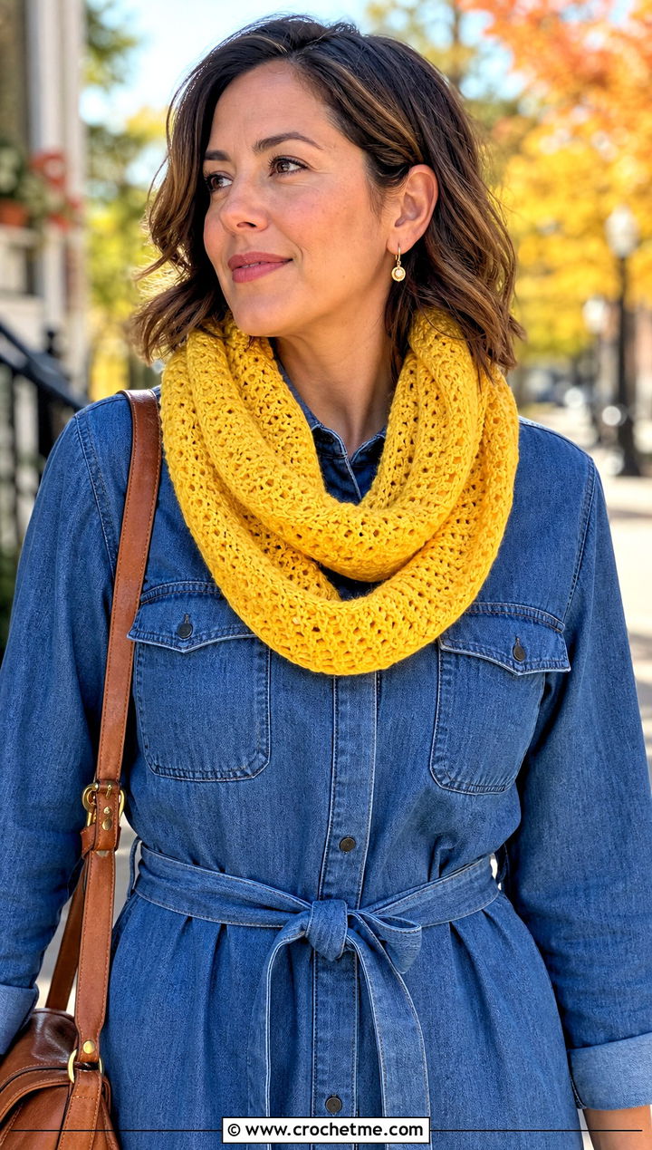 Crochet Cowl Scarf With Denim Shirt Dress - 25 denim and crochet scarf outfit ideas