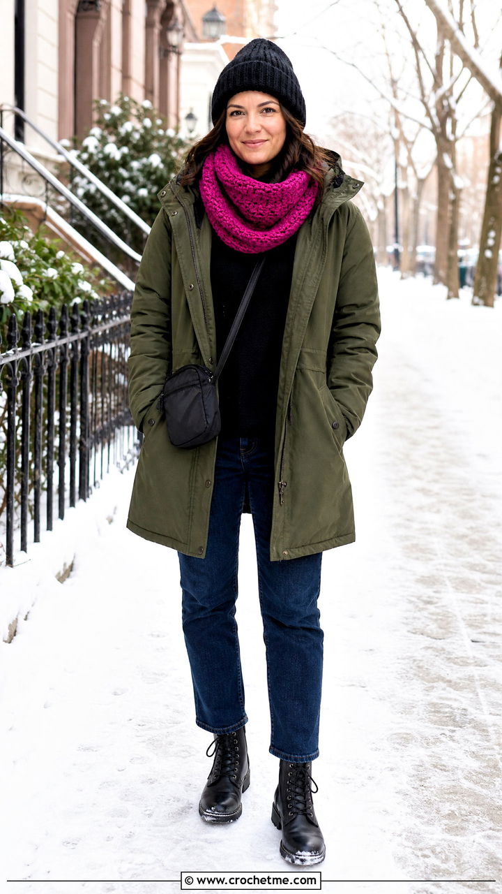 Crochet Cowl Scarf With Parka And Straight Leg Jeans - 35 quick crochet scarf outfit ideas
