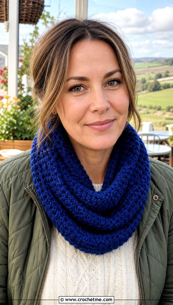 Crochet Cowl Scarf With Quilted Jacket - 30 wanderlust crochet scarf outfit ideas