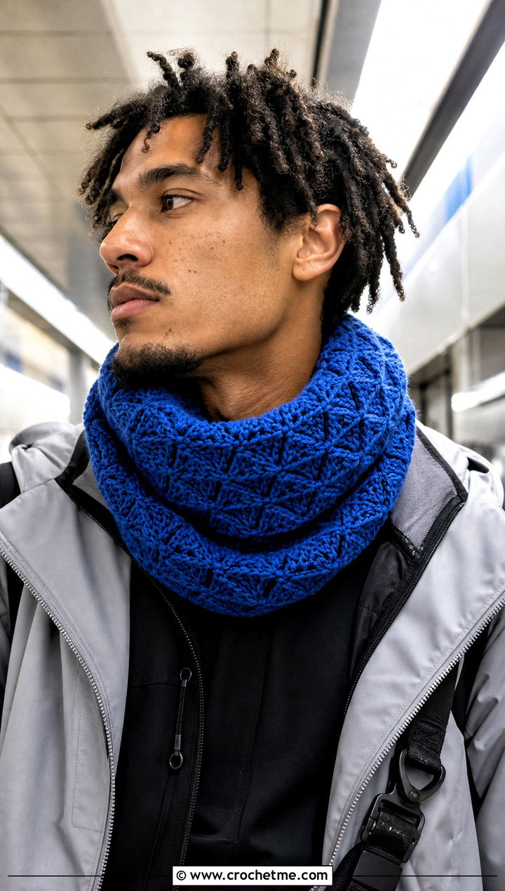 Crochet Cowl Scarf With Techwear Jacket - 30 Mens Crochet Scarf outfit ideas