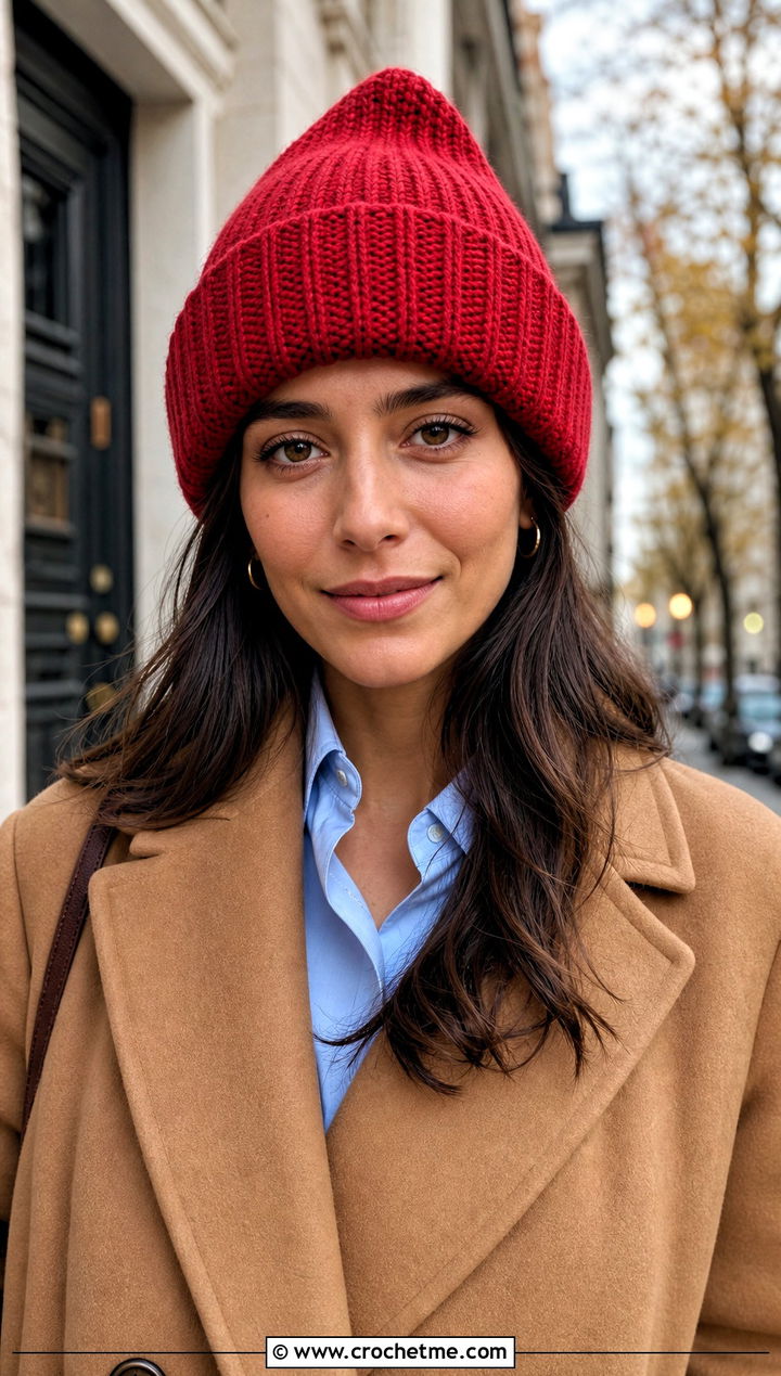 Crochet Cranberry Ribbed Beanie With Wool Coat - 15 Crochet Thanksgiving Hat outfit ideas